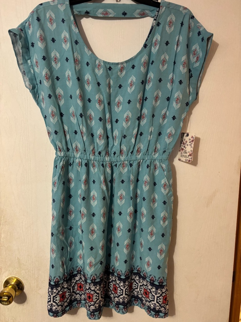 Kohl's Teal Printed Short Sleeve Elastic Waist Mini Dress